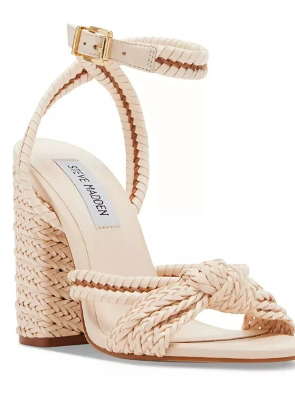 New Steve Madden Beige Knotted Woven Block Heel Sandals Ankle Strap 9.5 Leather